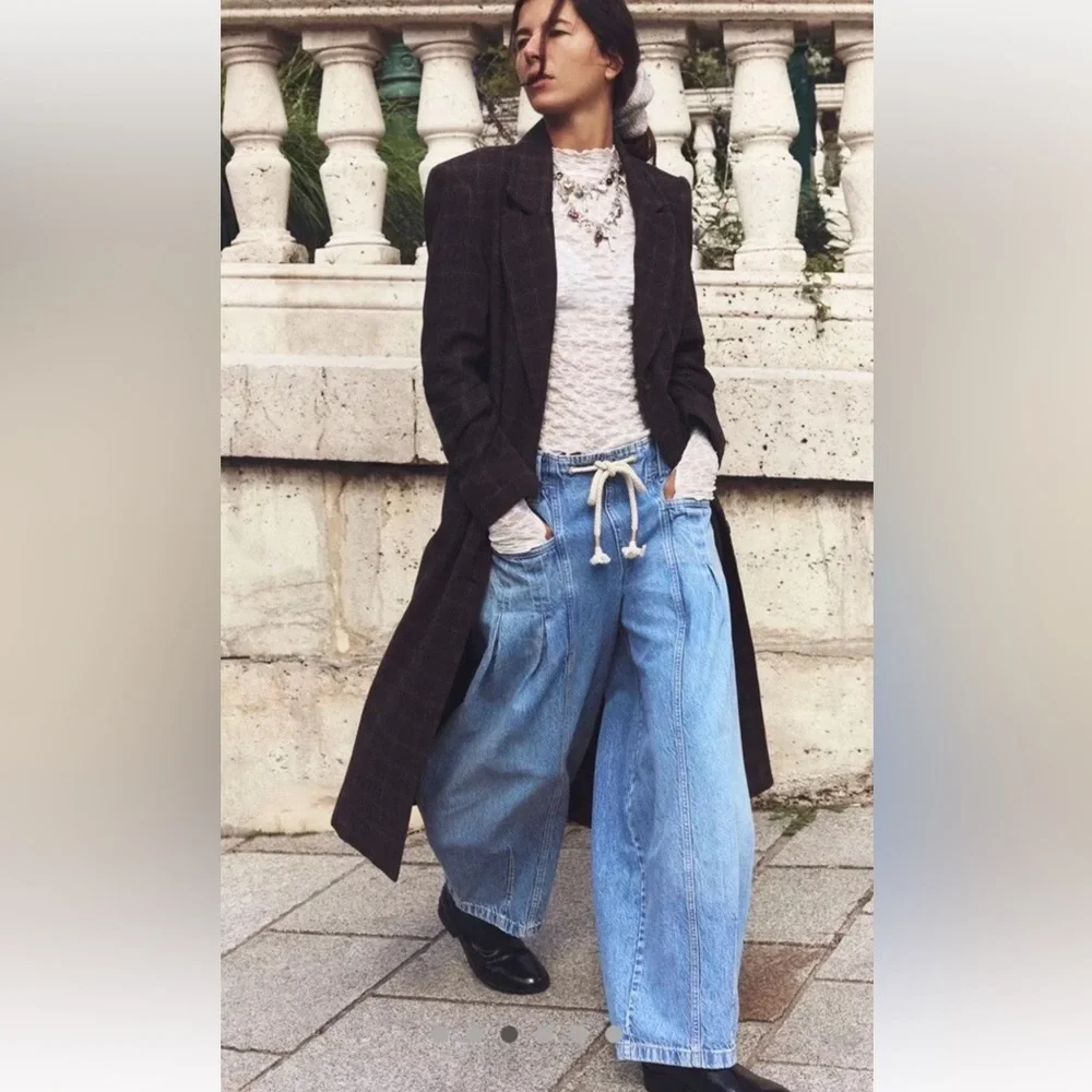 Free People Margo Barrel Pull On Jeans We The Free Rope Tie Bergamot Blue - Picture 3 of 7